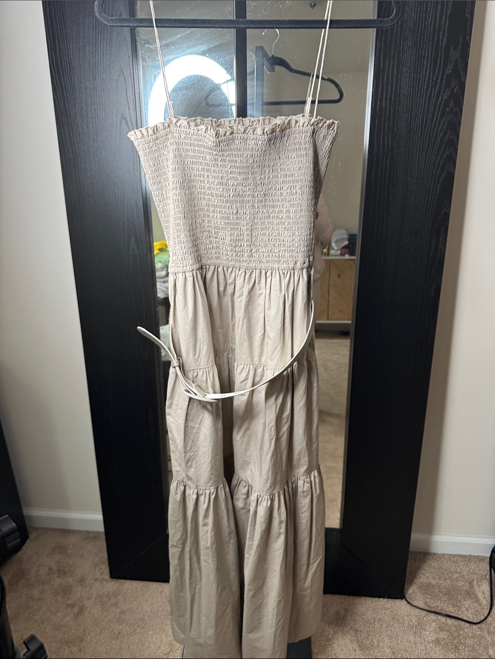 Sleeveless Beige Maxi Dress with Smocked Bodice